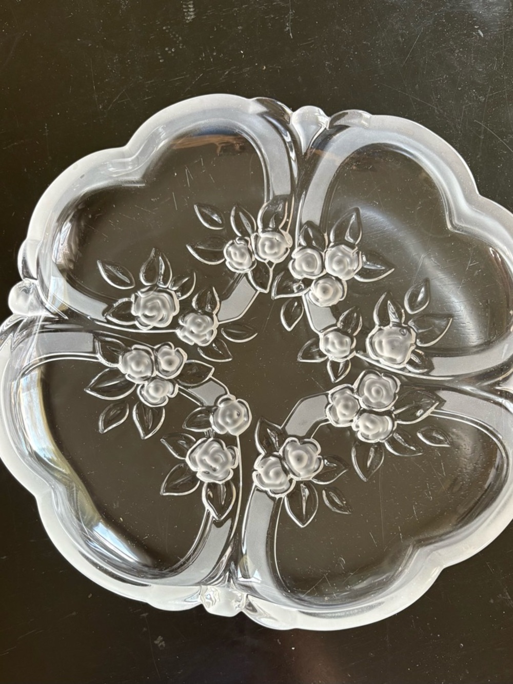 Vintage Frosted Rose Heart-Shaped Glass Floral Serving Plate